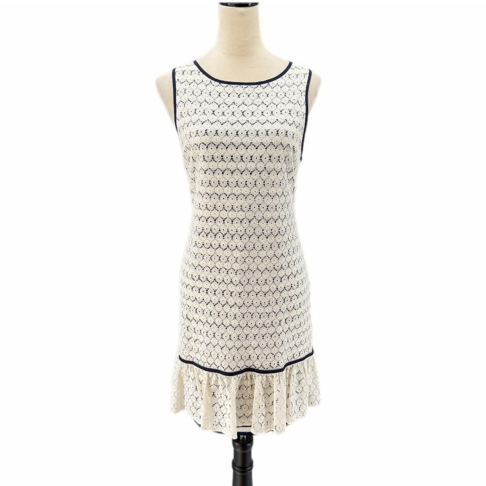 J. Taylor Ivory Lace Navy Blue Striped Ruffle Shift Sleeveless Cute Mini Dress
